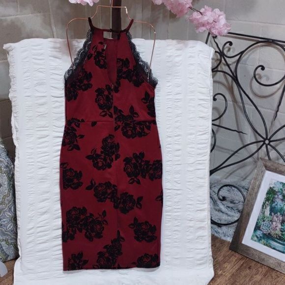 Trixxi Red Floral Bodycon Halter Dress Sz M - Picture 6 of 15